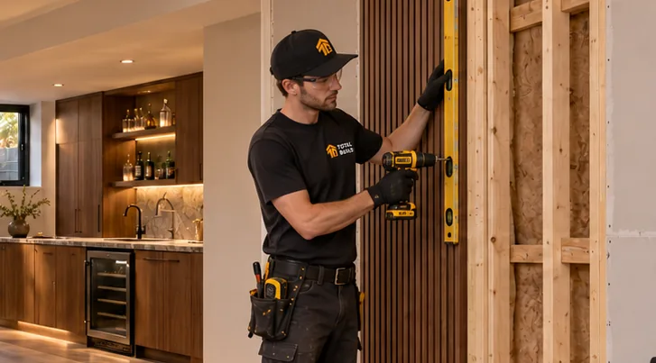 Contractor installing wood slat paneling in a finished basement
