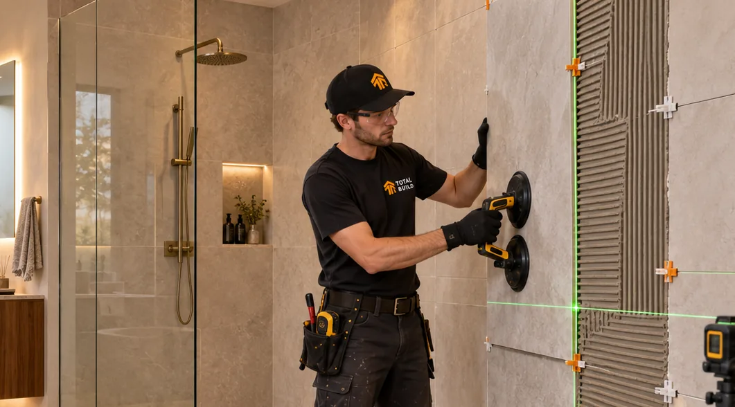 Tile installer placing large-format tiles in a bathroom