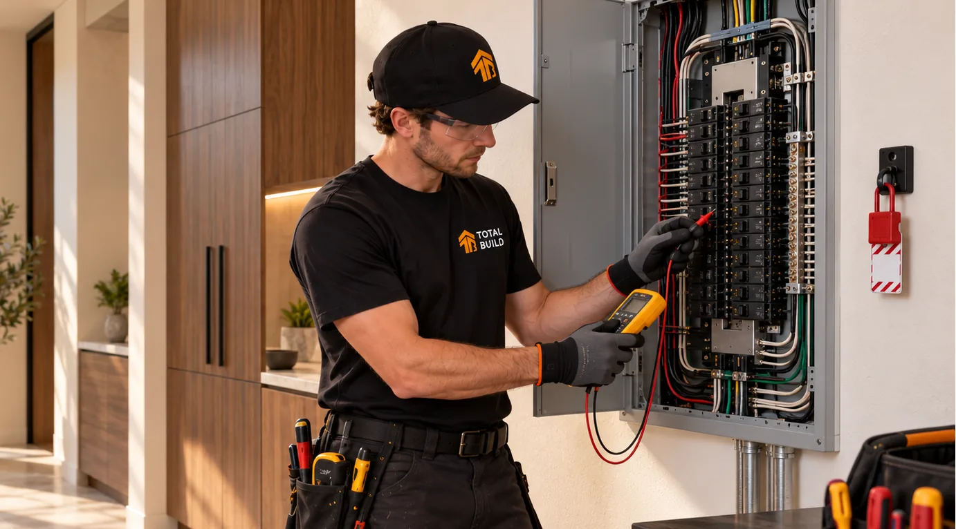 Electrician testing a residential breaker panel