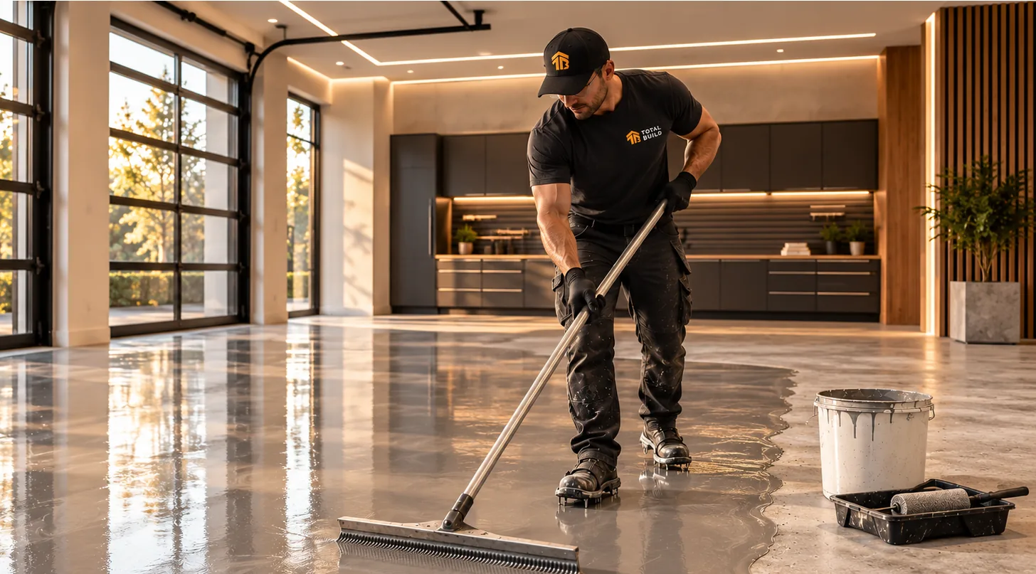 Worker spreading a glossy epoxy floor coating