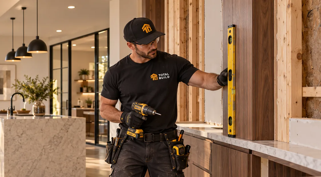 Contractor leveling a wall panel during a home remodel