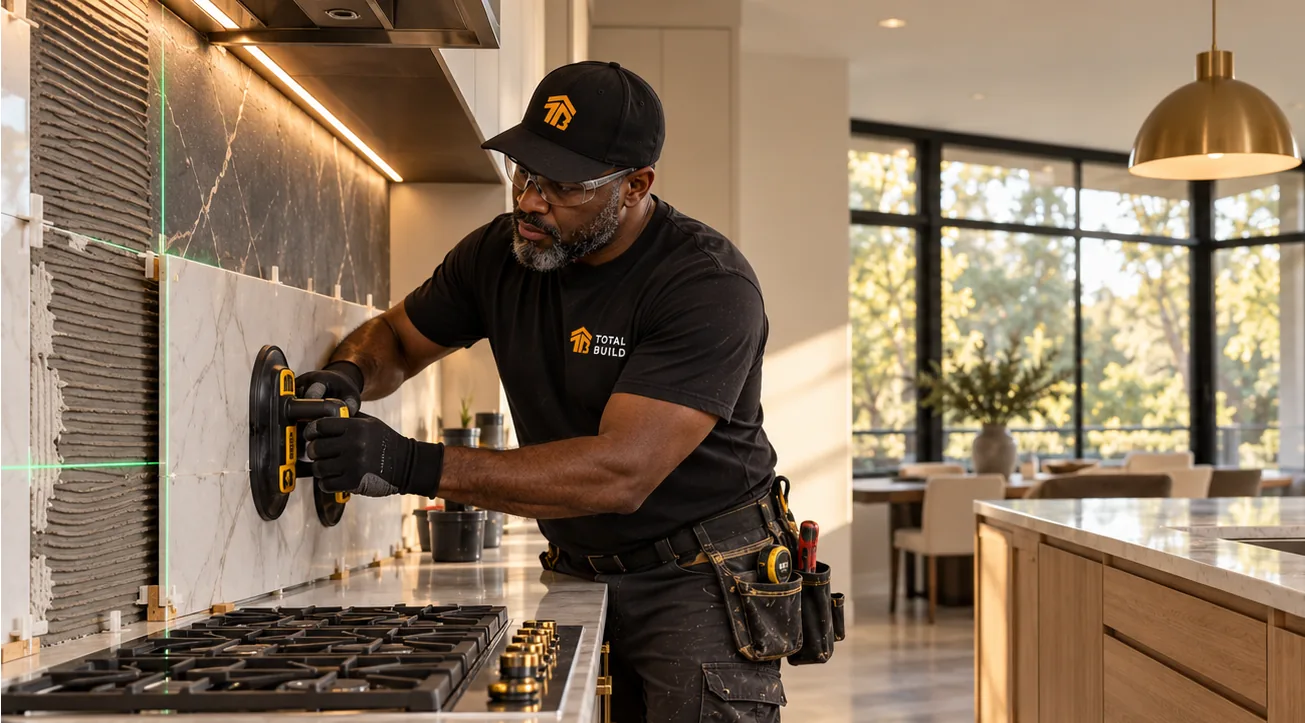 Installer setting a marble backsplash slab in a kitchen