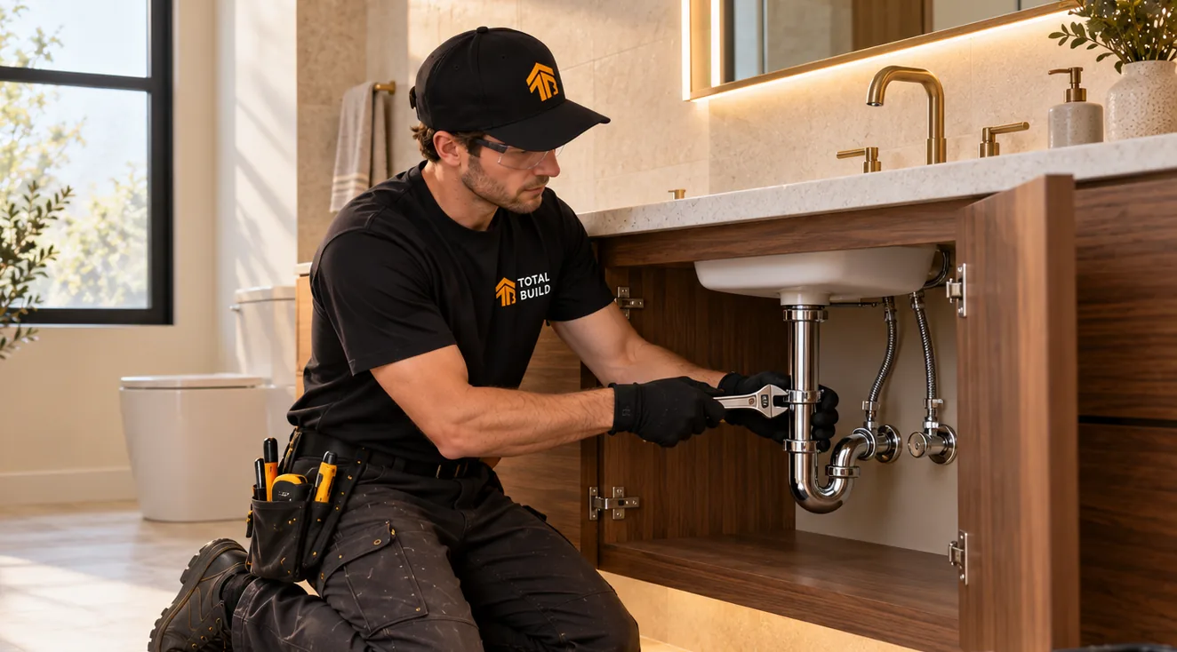 Plumber tightening pipes under a bathroom vanity