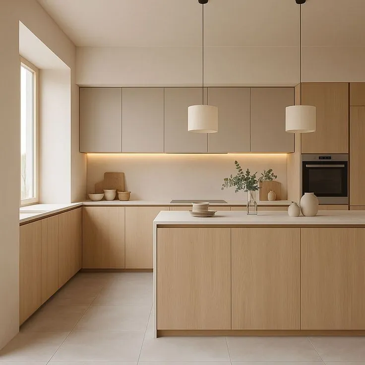 Warm minimalist kitchen remodel with light oak cabinetry